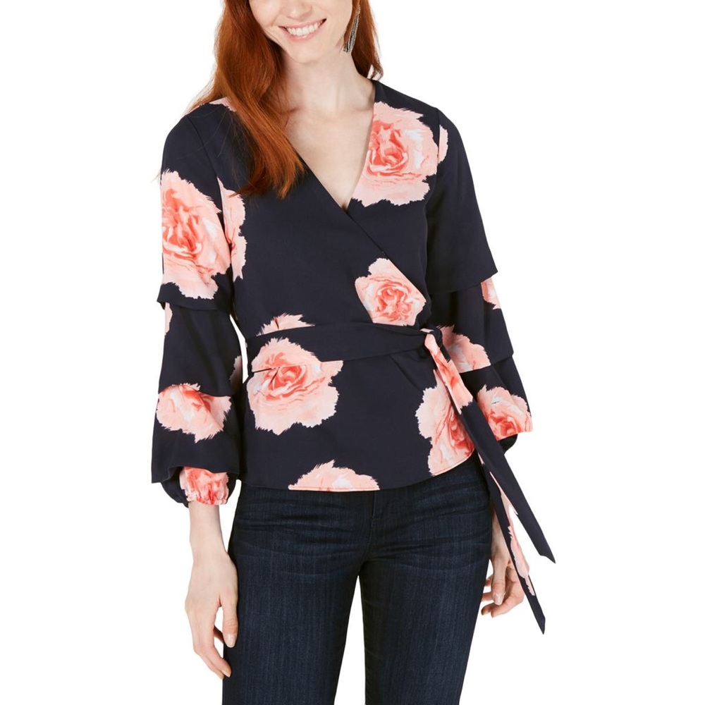 Bar III Bell sleeve floral Blouse - Navy Blue